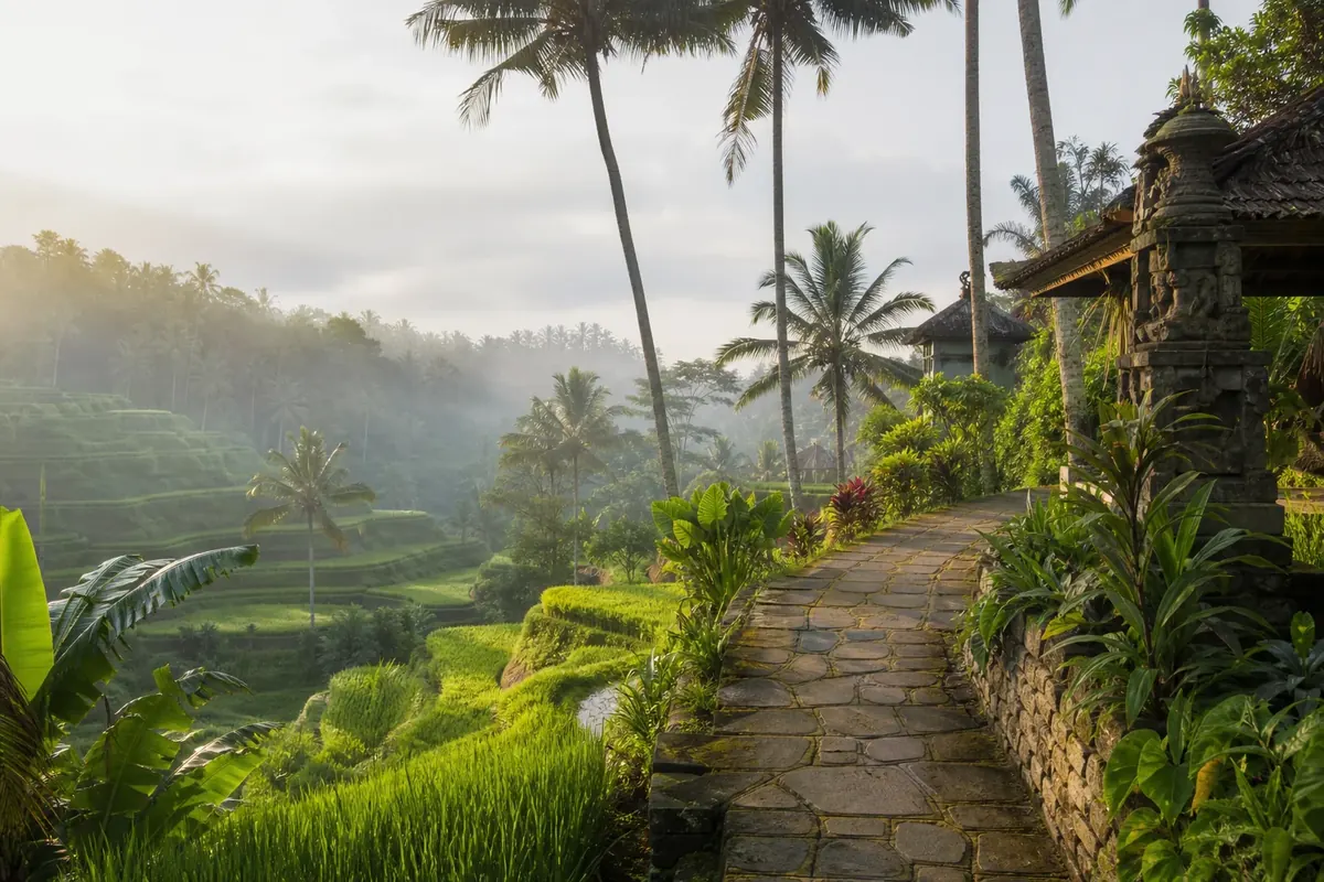 Palm trees, rice terraces and a traditional stone path in Bali
