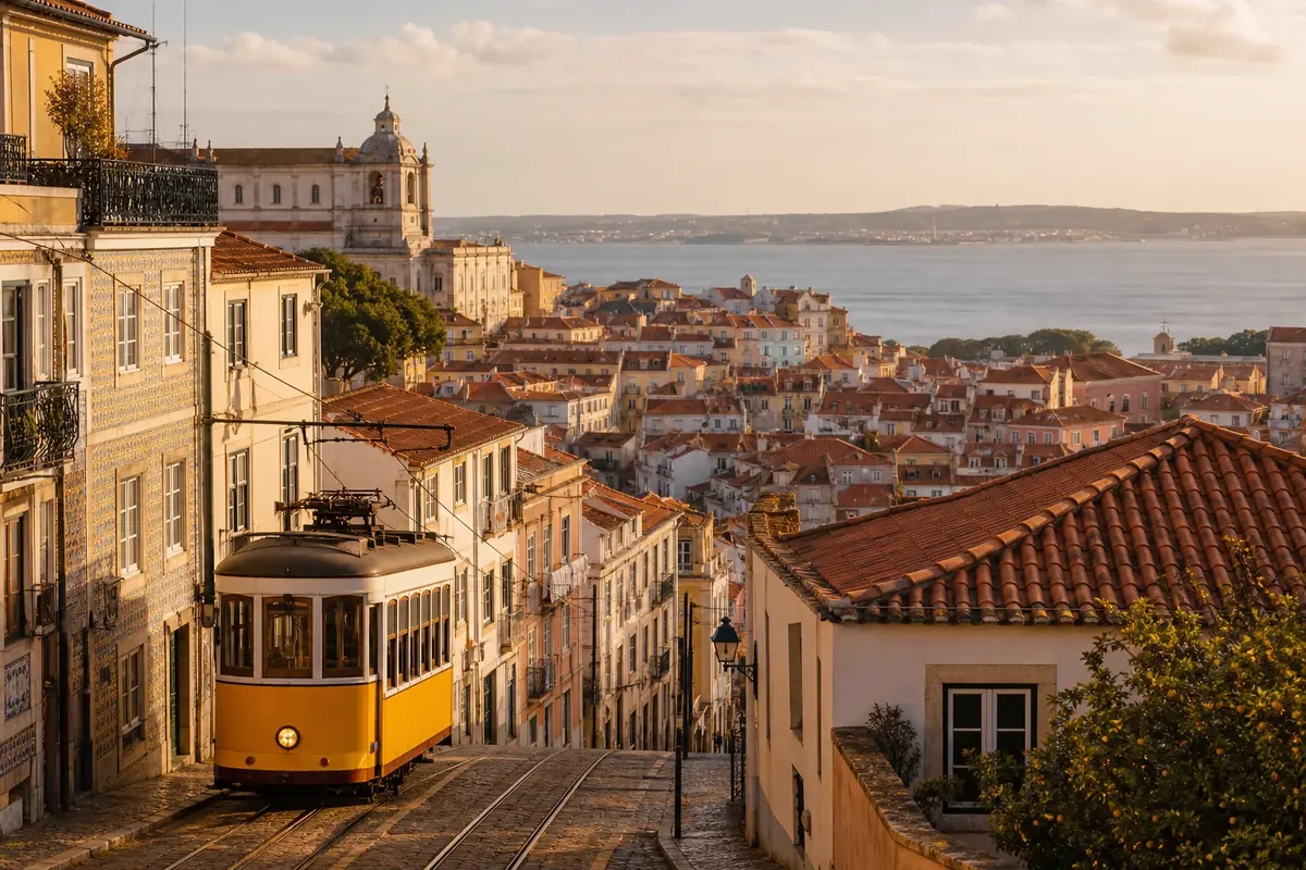 Lisbon rooftops, tiled facades and a yellow tram in warm evening light