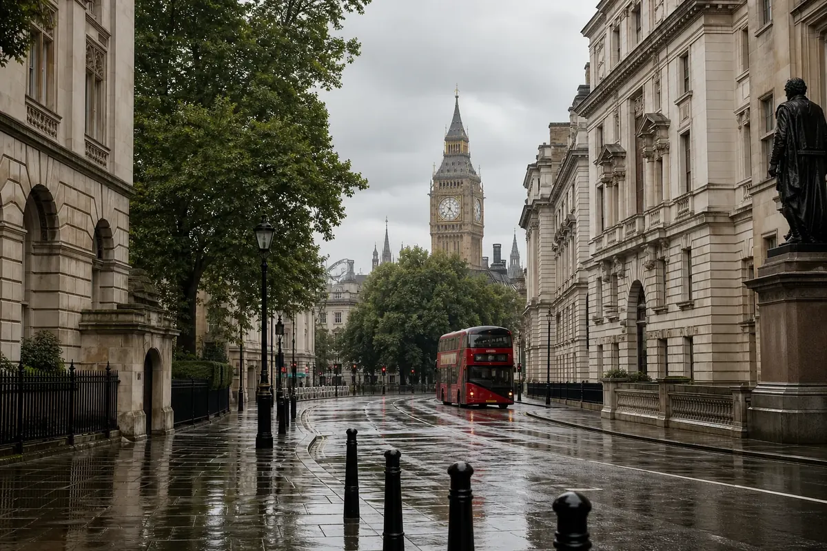 A red double-decker bus on a quiet London street after rain