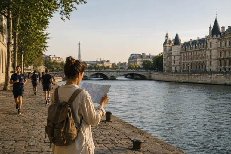 Traveler checking a map beside the Seine at the start of a three-day Paris itinerary
