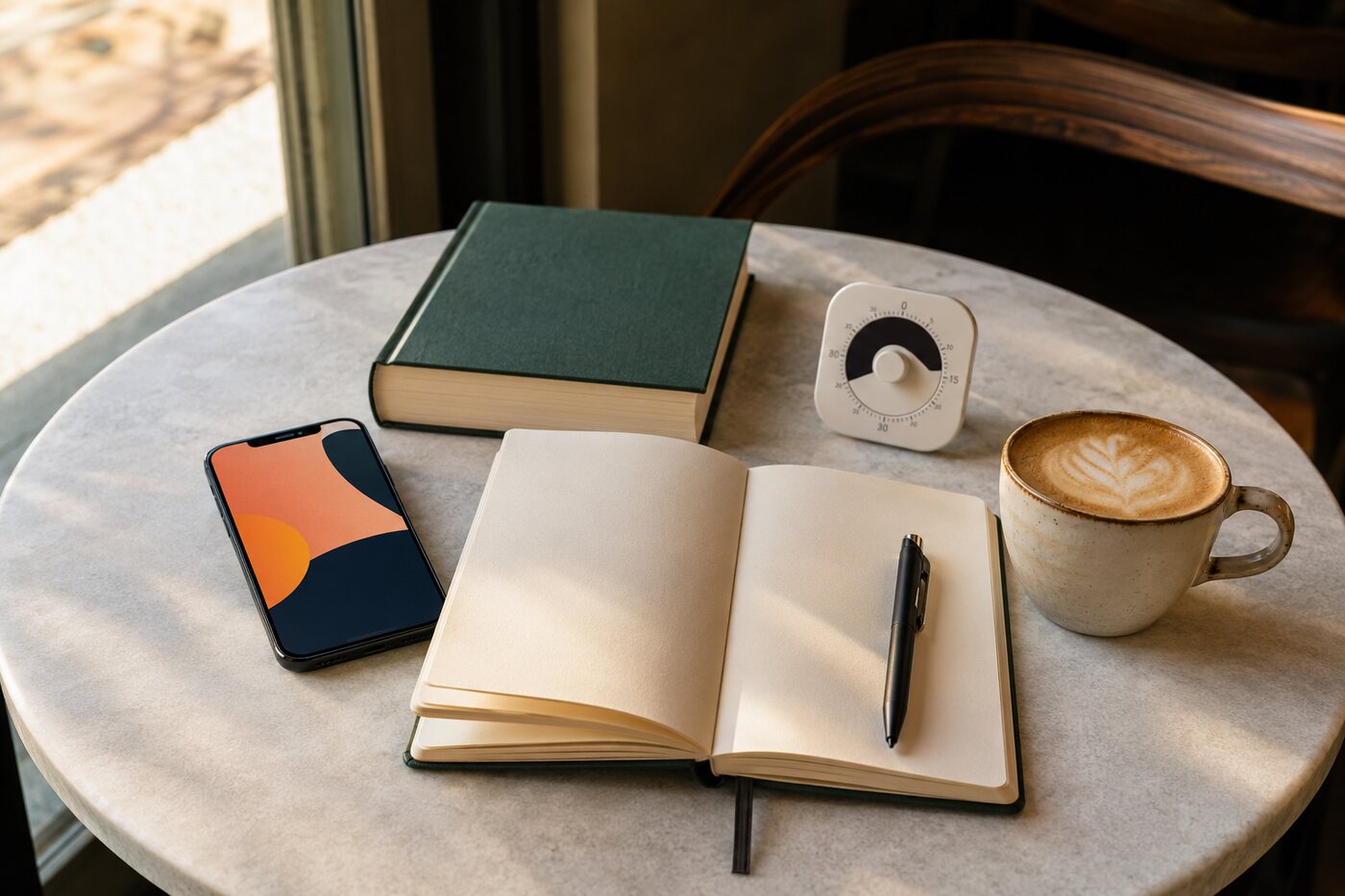 Phone, journal and book representing different self-improvement apps