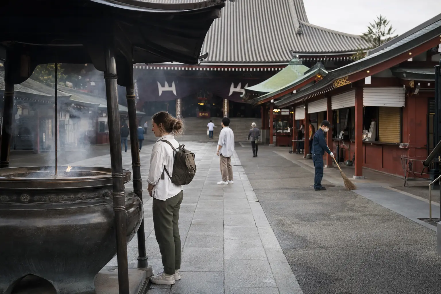 Traveler pausing beside the incense burner at Senso-ji early in the morning