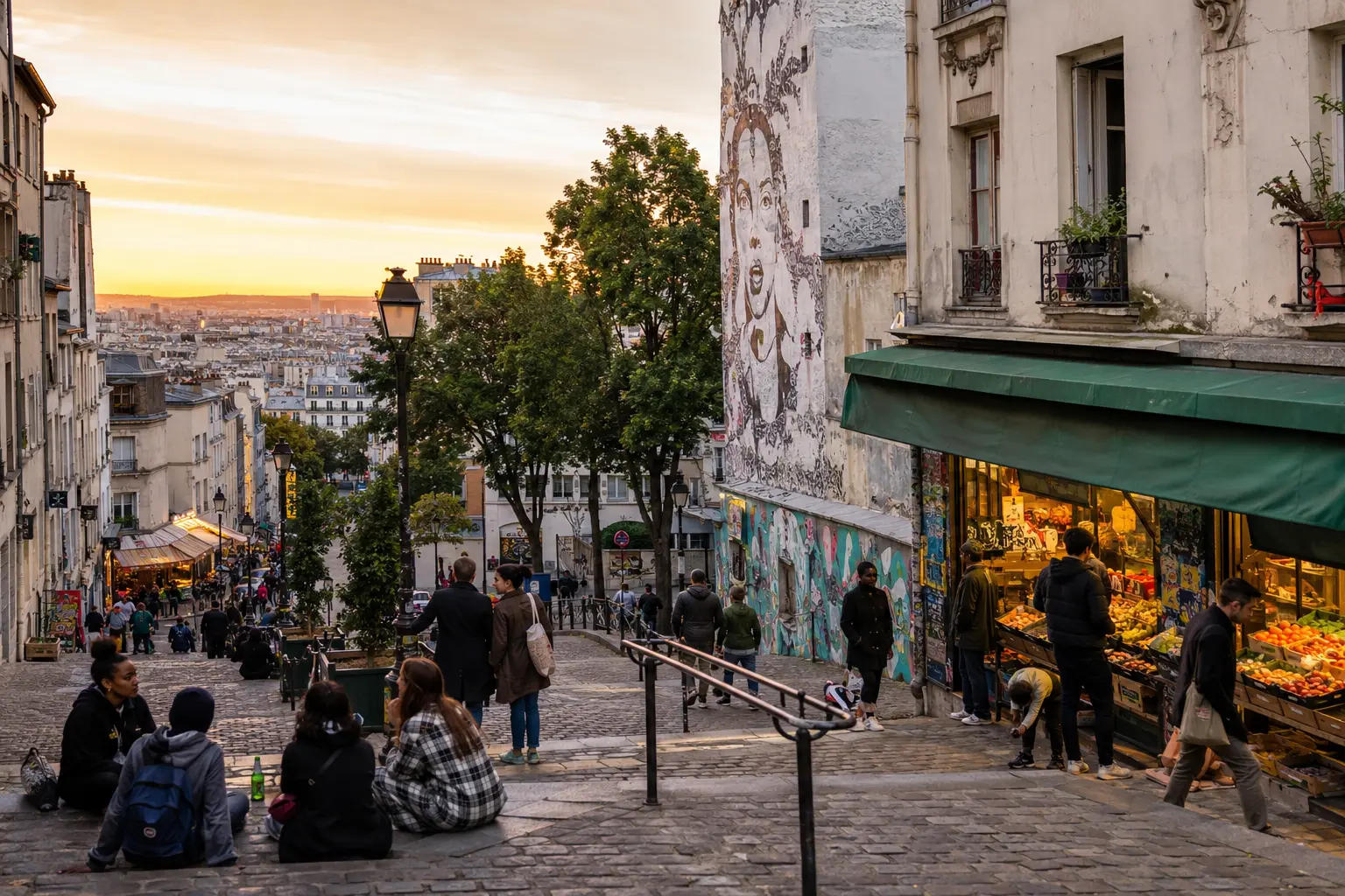 Residents gathering along a sloping Belleville street at sunset