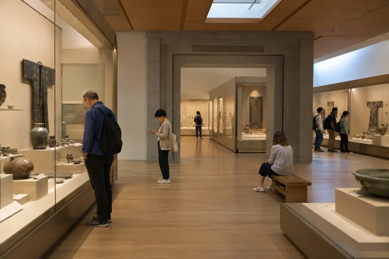 Visitors viewing ceramics and textiles in a spacious Tokyo museum gallery