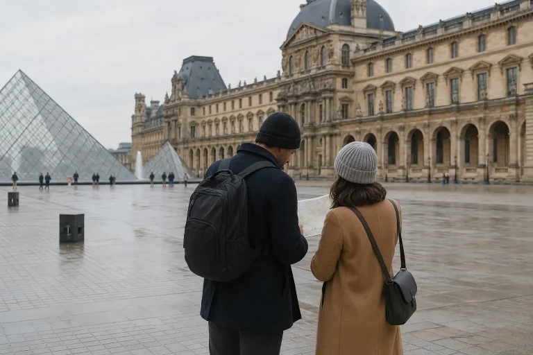 Two travelers consulting a map in the Louvre courtyard on an overcast morning