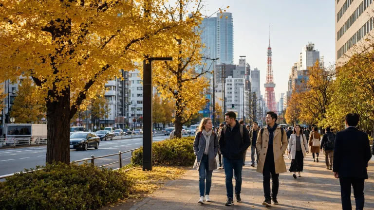 Travelers walking beneath golden ginkgo trees with Tokyo Tower in the distance
