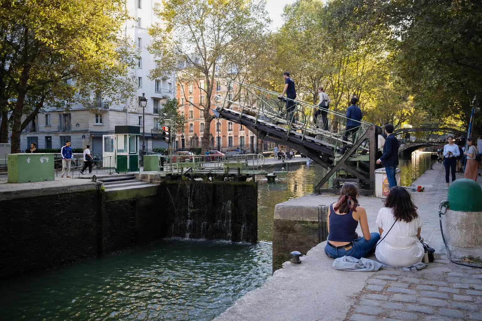 Pedestrians crossing an opening lock bridge beside Canal Saint-Martin