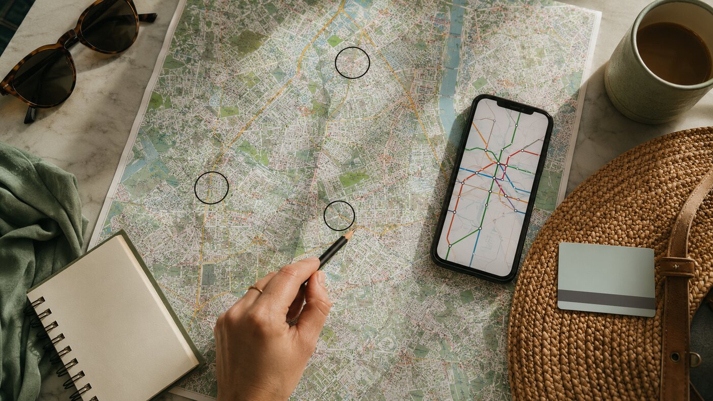 Traveler comparing accommodation areas on a city and transit map
