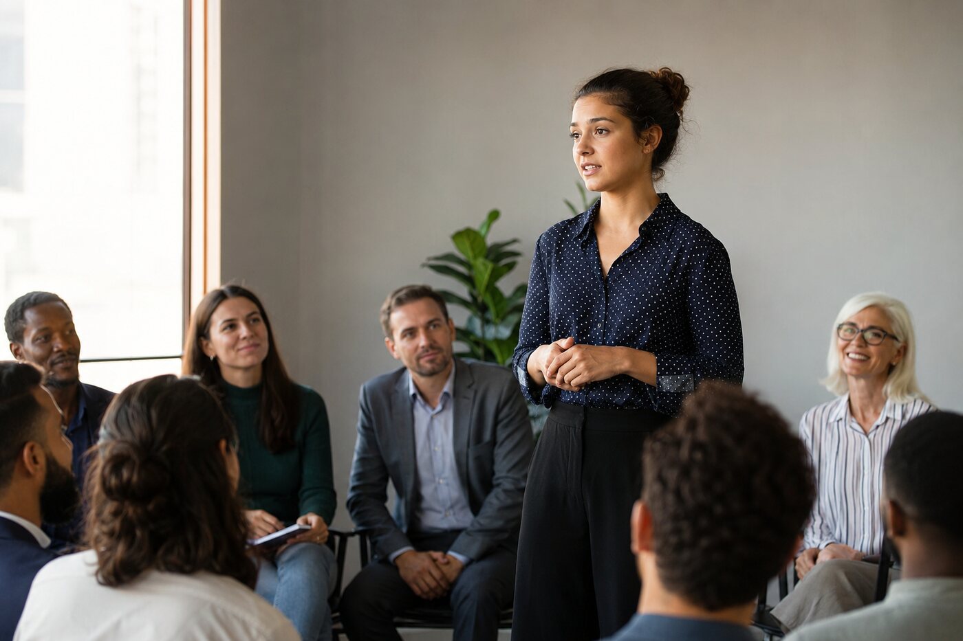 Woman building self-confidence through public speaking practice