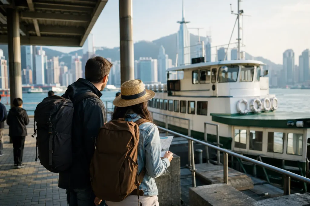 Travelers choosing an island ferry at Central piers for a Hong Kong day trip