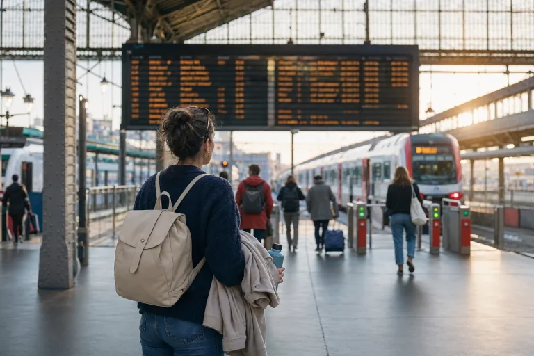 Traveler checking a departure board before taking a regional train from Paris