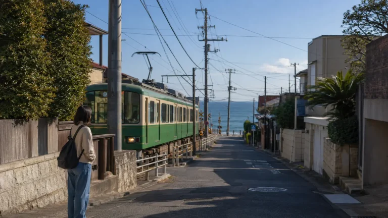 Traveler watching a local train pass on a coastal Kamakura day trip