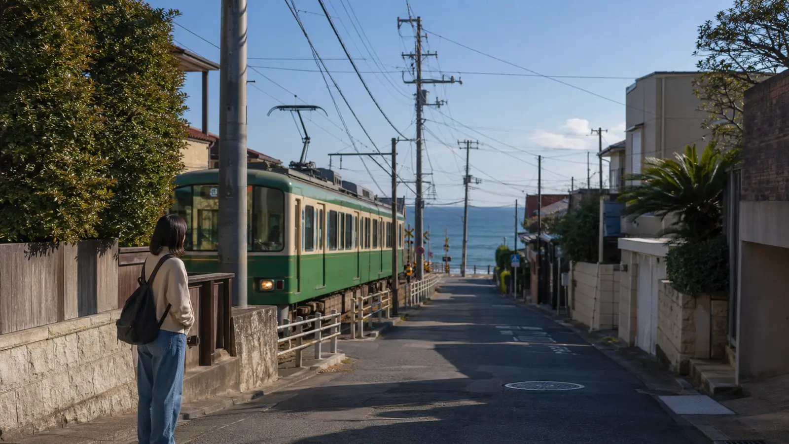 A coastal train passing near Tokyo on a Kamakura day trip