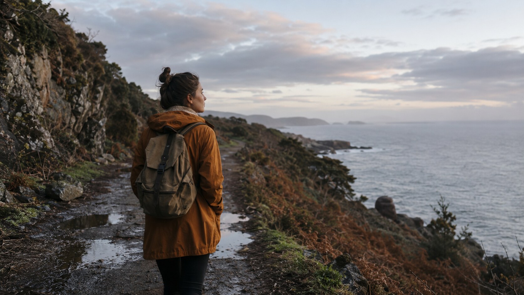 Solo traveler reflecting on a coastal path while building emotional resilience