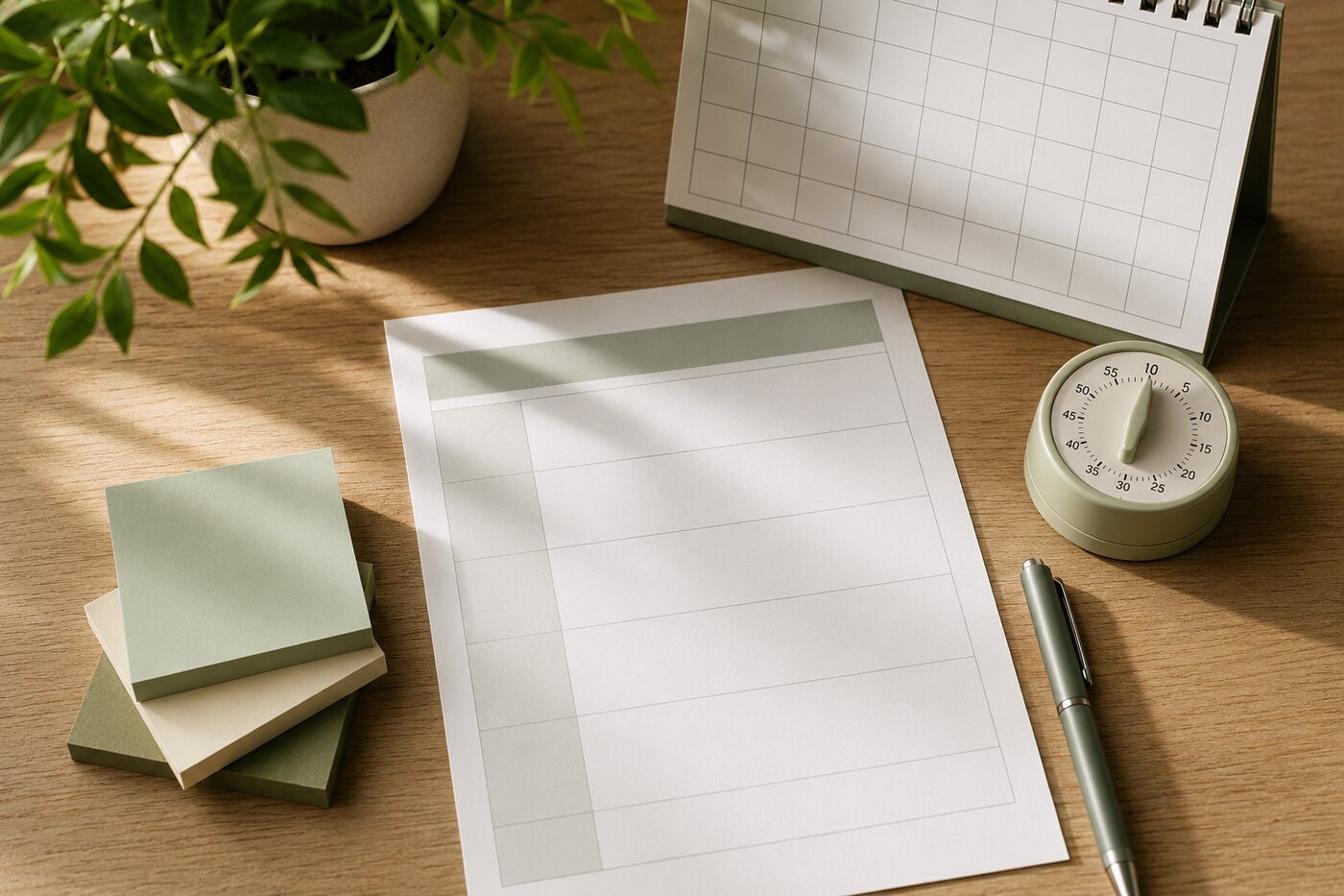Blank goal-setting worksheet with calendar and timer