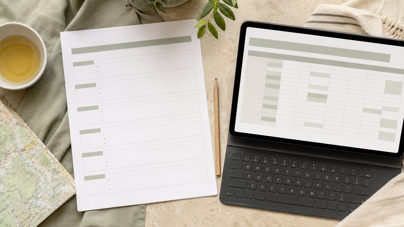 Printable document and spreadsheet travel itinerary templates side by side