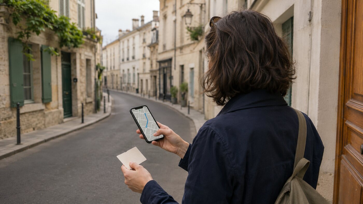 Traveler following a downloaded offline city map