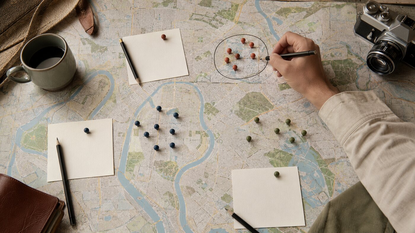 Saved travel places grouped into neighborhood clusters on a city map