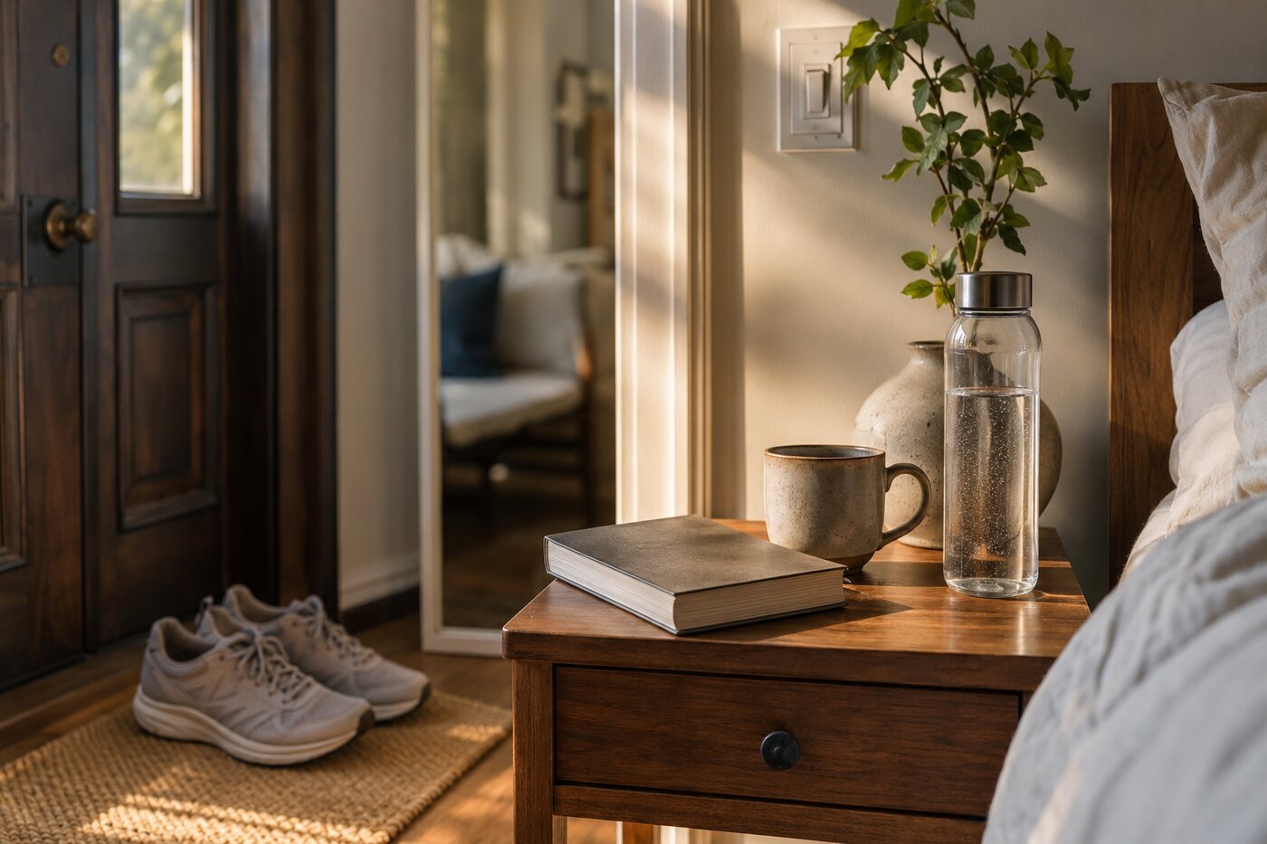Walking shoes, water and book placed as visual habit cues