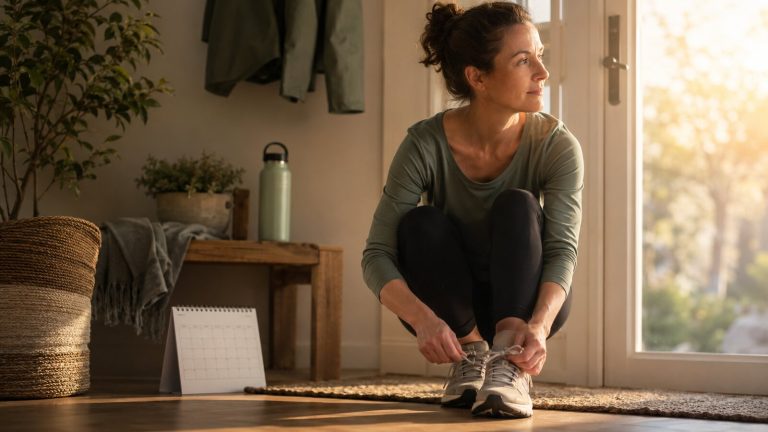 Woman preparing for a morning walk while forming a new habit