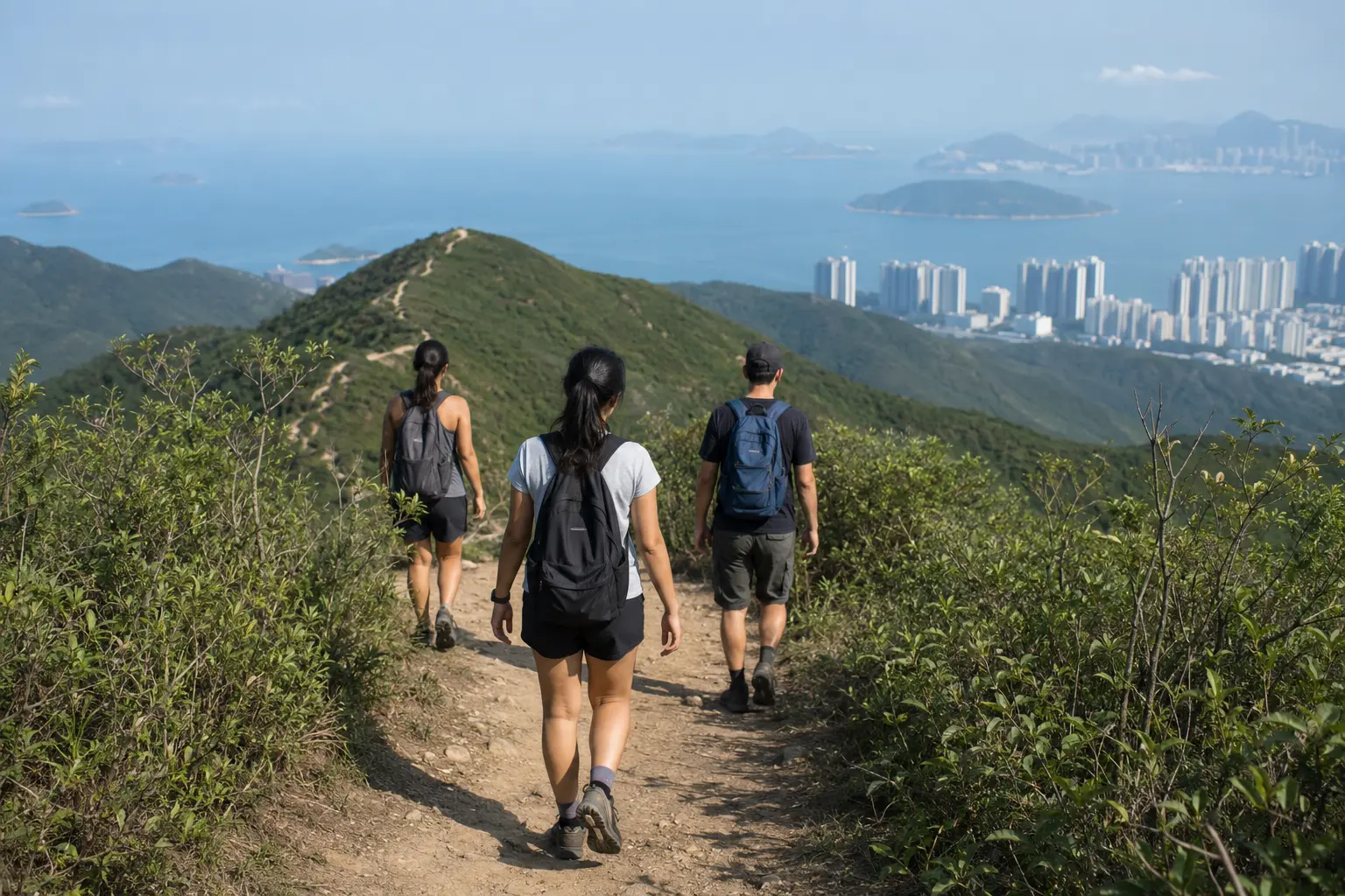 Hikers following a green Hong Kong ridge trail above the sea and distant high-rises