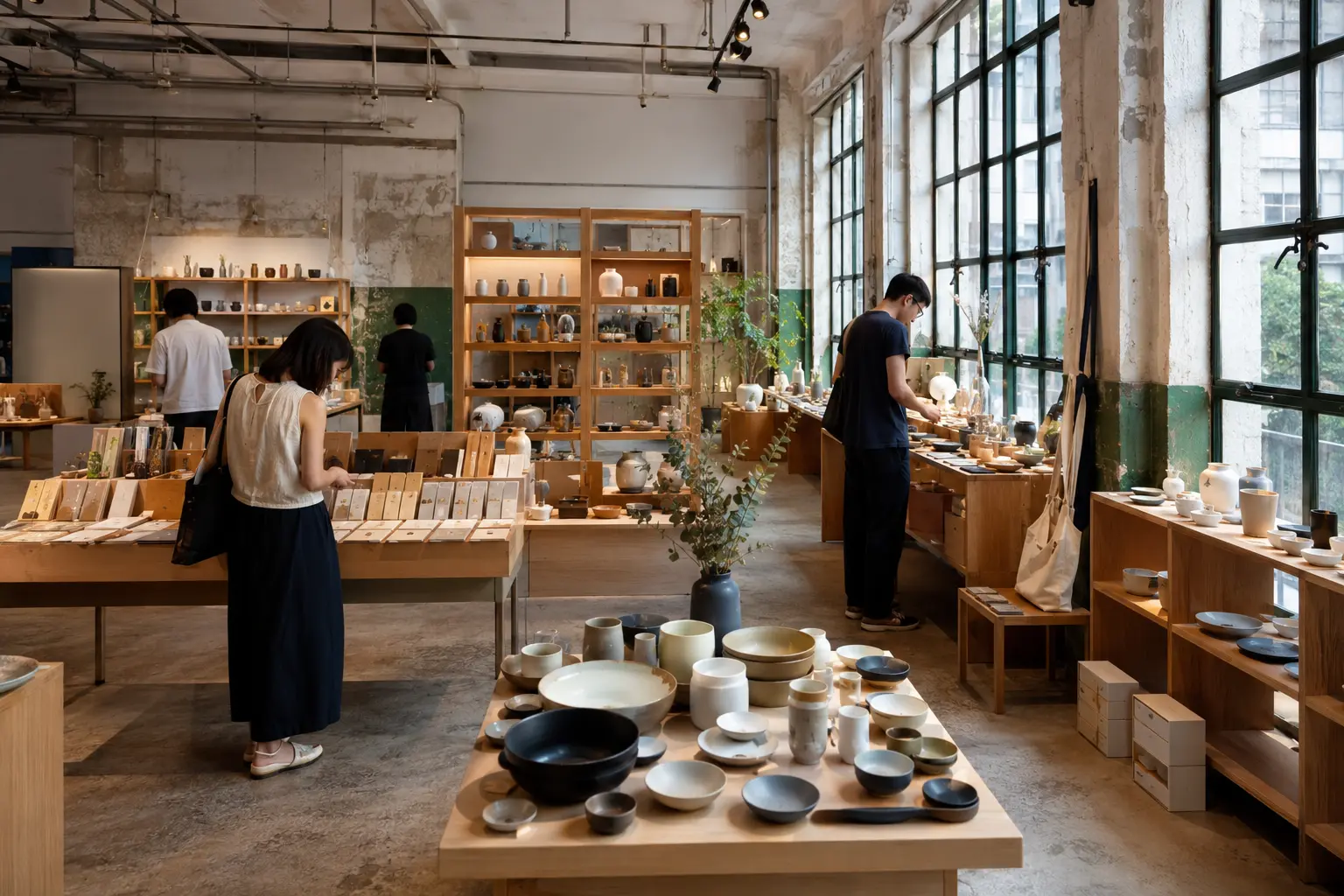 People browsing ceramics and stationery in a Hong Kong independent design shop