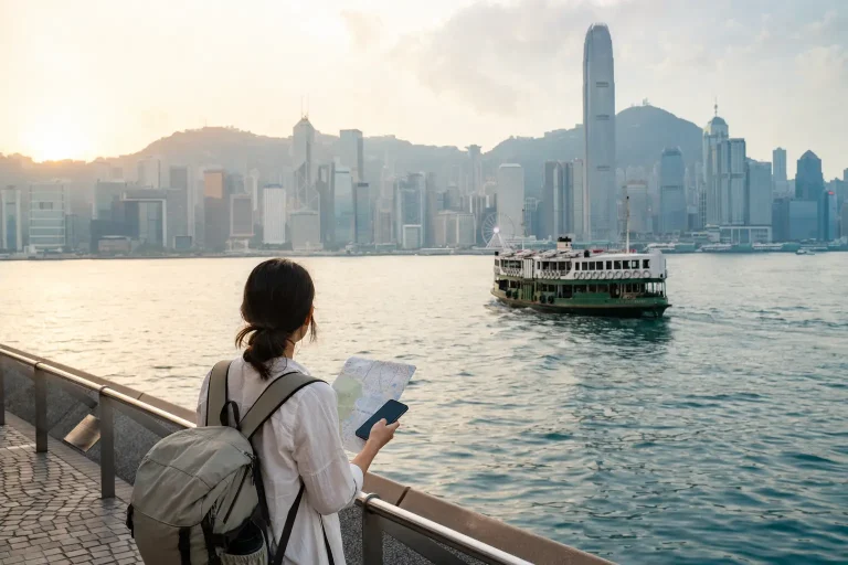 Traveler planning a Hong Kong itinerary beside Victoria Harbour as the Star Ferry crosses toward the skyline