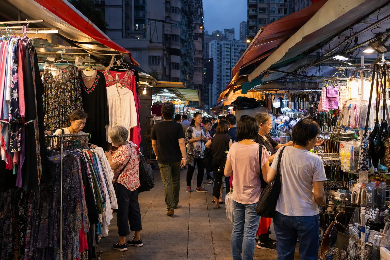 Shoppers browsing clothing and accessories at an evening street market in Kowloon