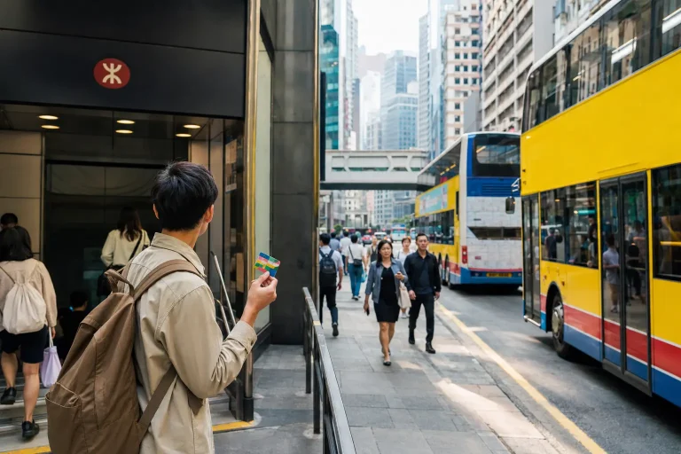 Traveler holding an Octopus card beside an MTR entrance and double-decker buses in Hong Kong