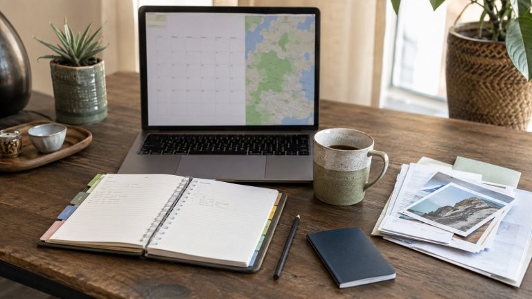 Desk arranged as a simple trip planning and booking system