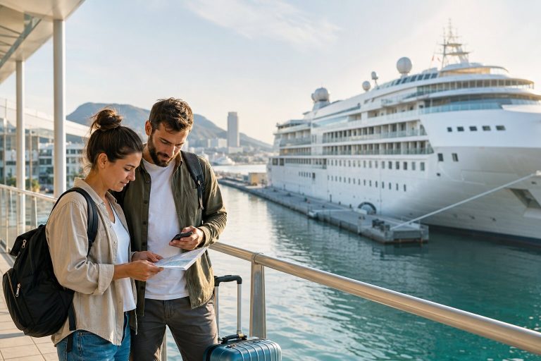 Travelers reviewing a cruise itinerary beside a ship at the departure terminal