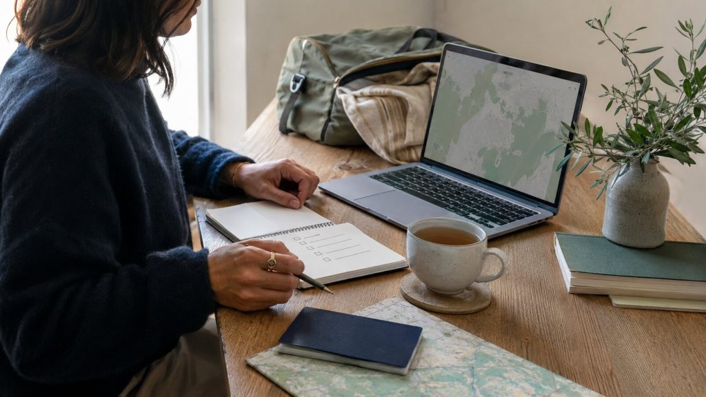 Solo traveler making a short trip-planning checklist at home