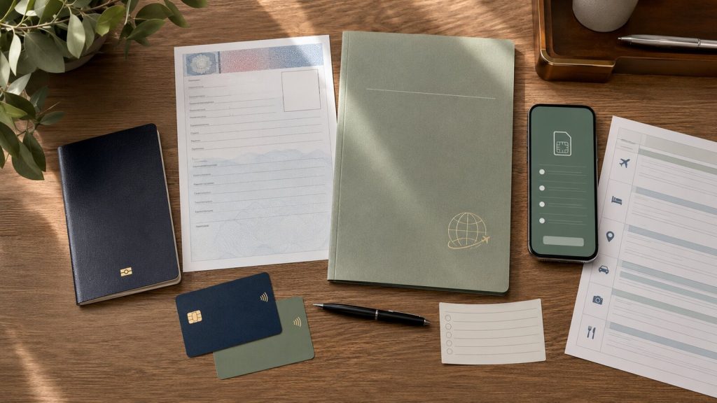Passport, insurance, payment cards and phone prepared for international travel