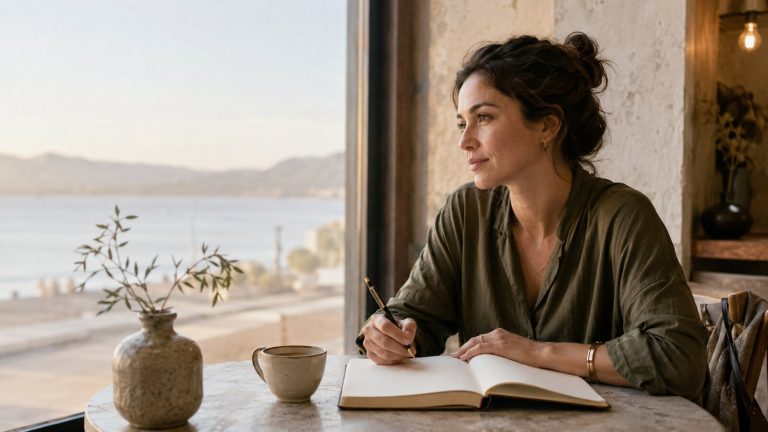 Woman using journal prompts for self-discovery at a quiet café