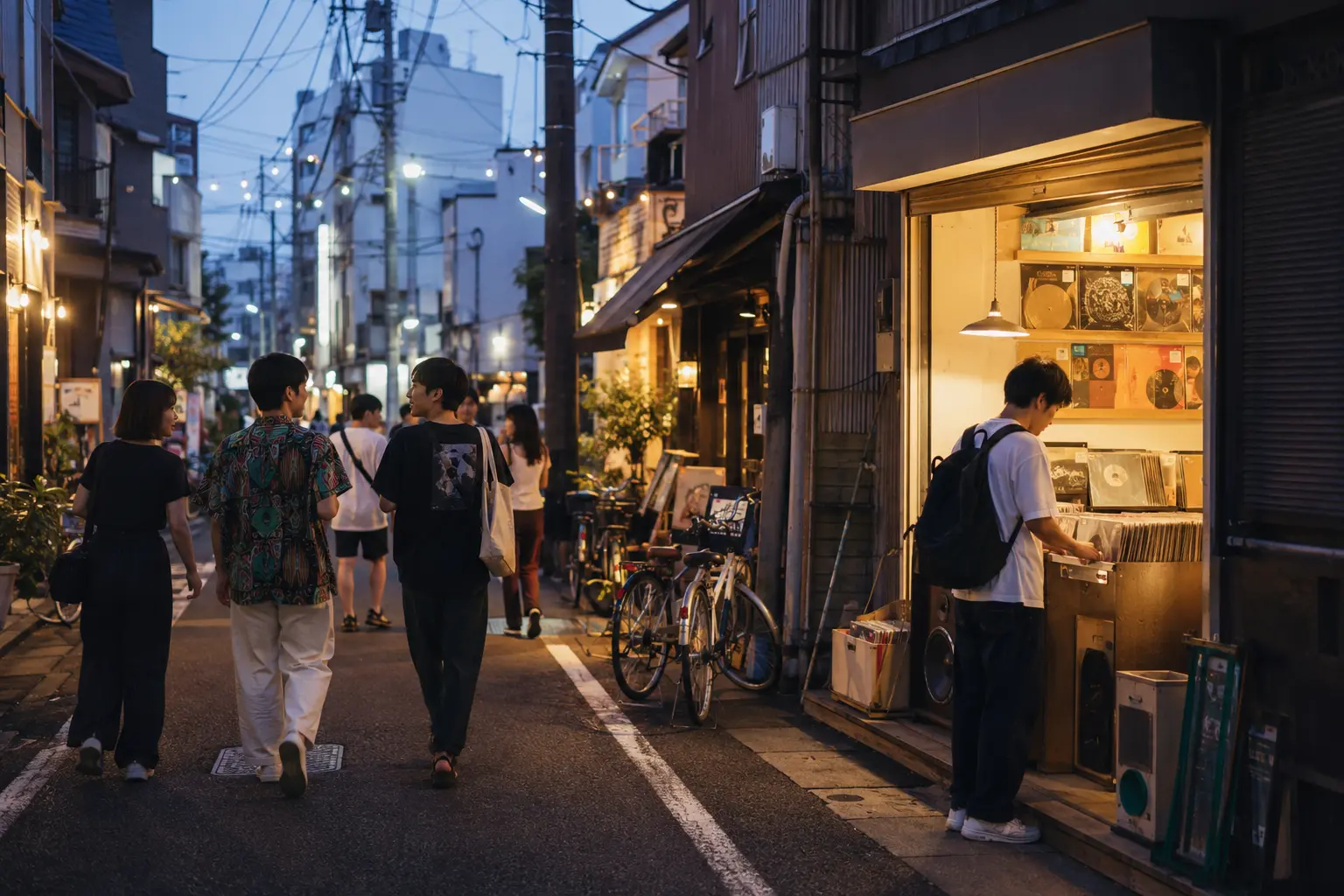 Evening street in Koenji with pedestrians, bicycles and a small record shop