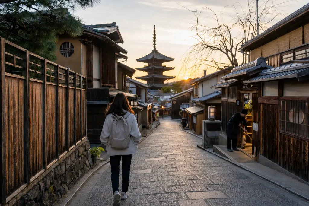 Traveler walking through Southern Higashiyama at dawn during a three-day Kyoto itinerary