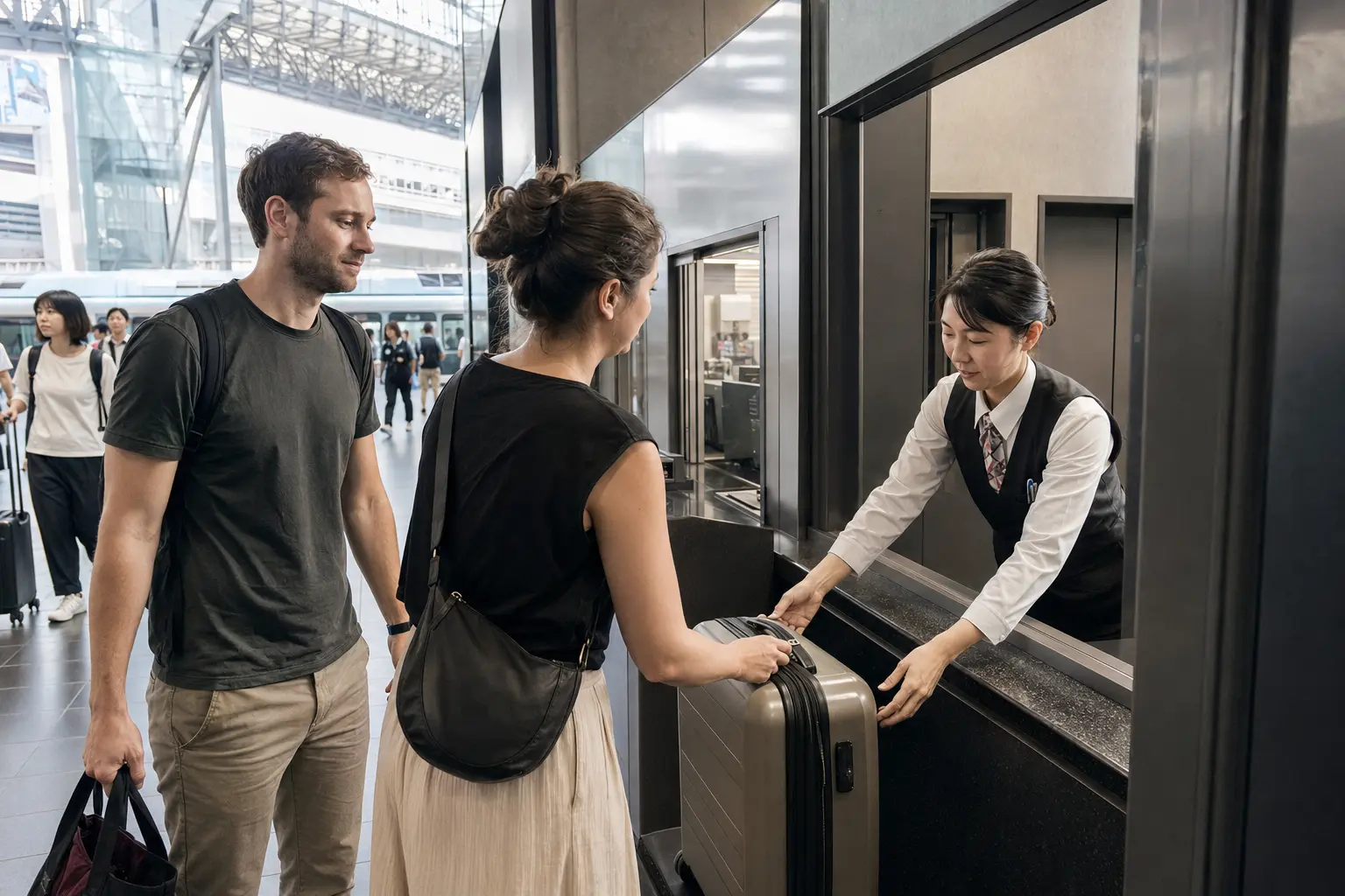 Travelers handing a suitcase to a luggage service counter at Kyoto Station