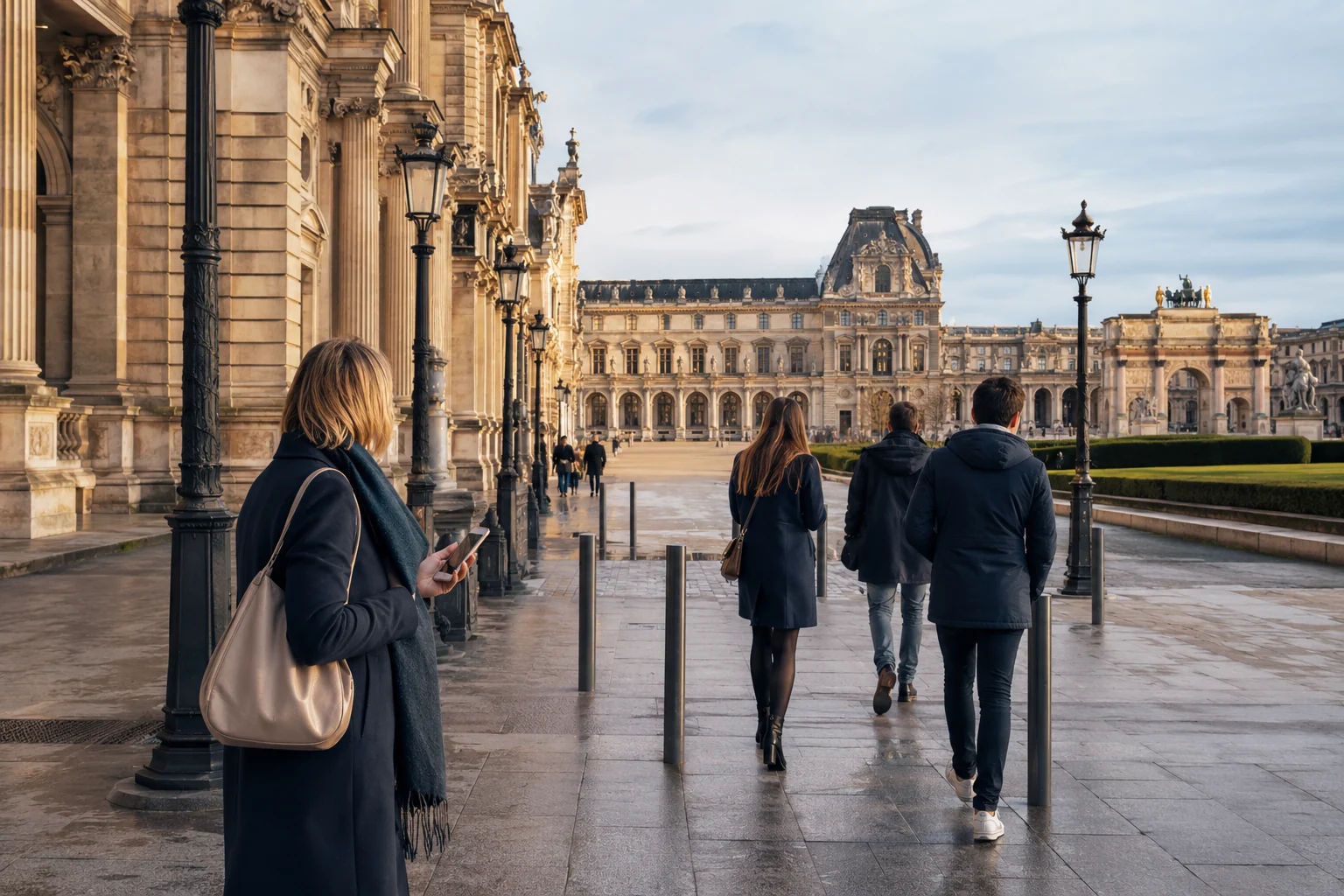 Visitors approaching the Louvre early in the morning before the main crowds