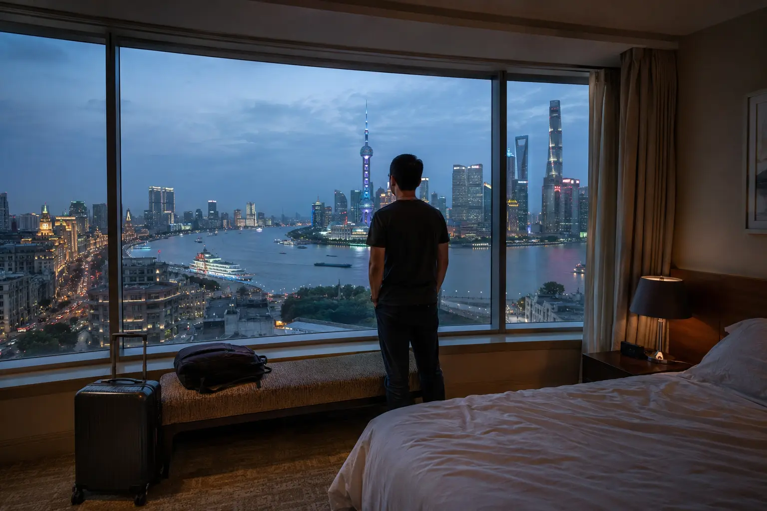 Traveler viewing the Huangpu River and Shanghai skyline from a Lujiazui hotel room