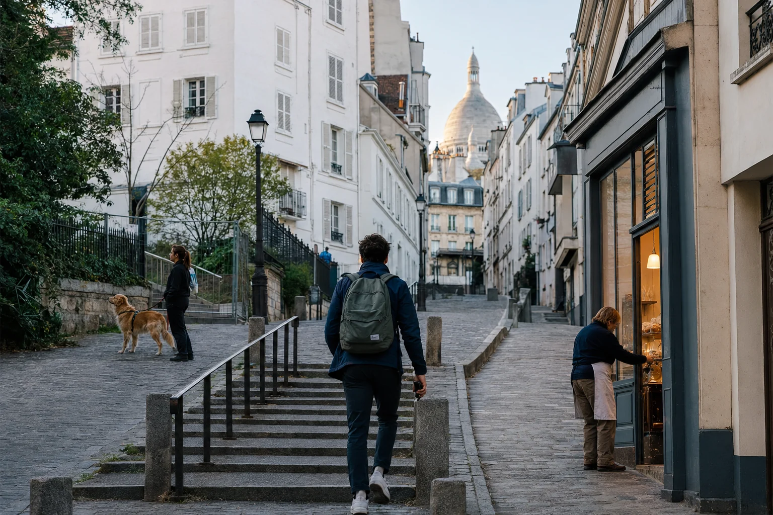 Traveler walking uphill through Montmartre as a bakery opens in the morning