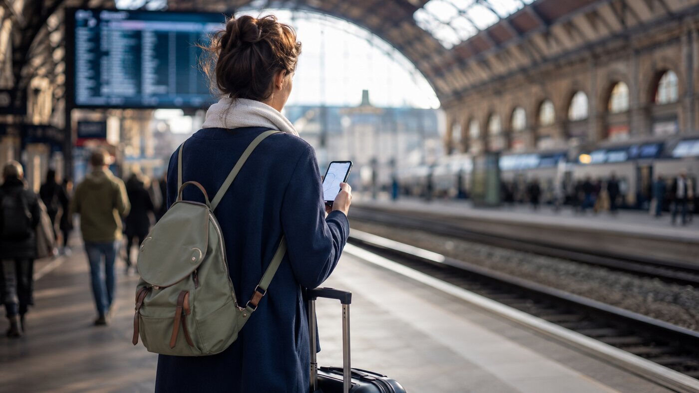 Traveler waiting with compact luggage for a city-to-city train
