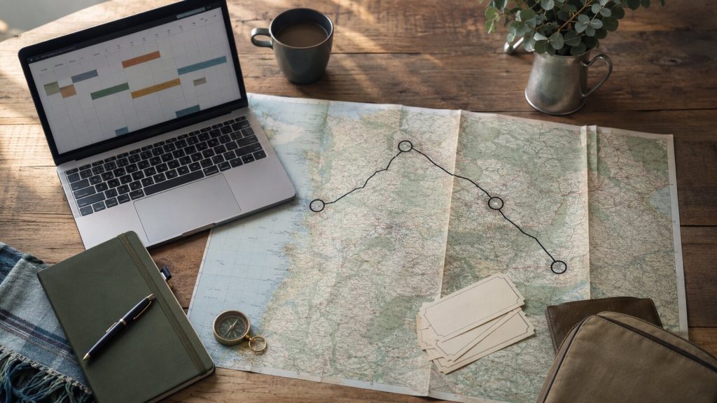 Regional map and calendar used to plan a multi-city trip route