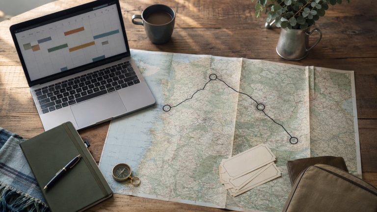 Regional map and calendar used to plan a multi-city trip route