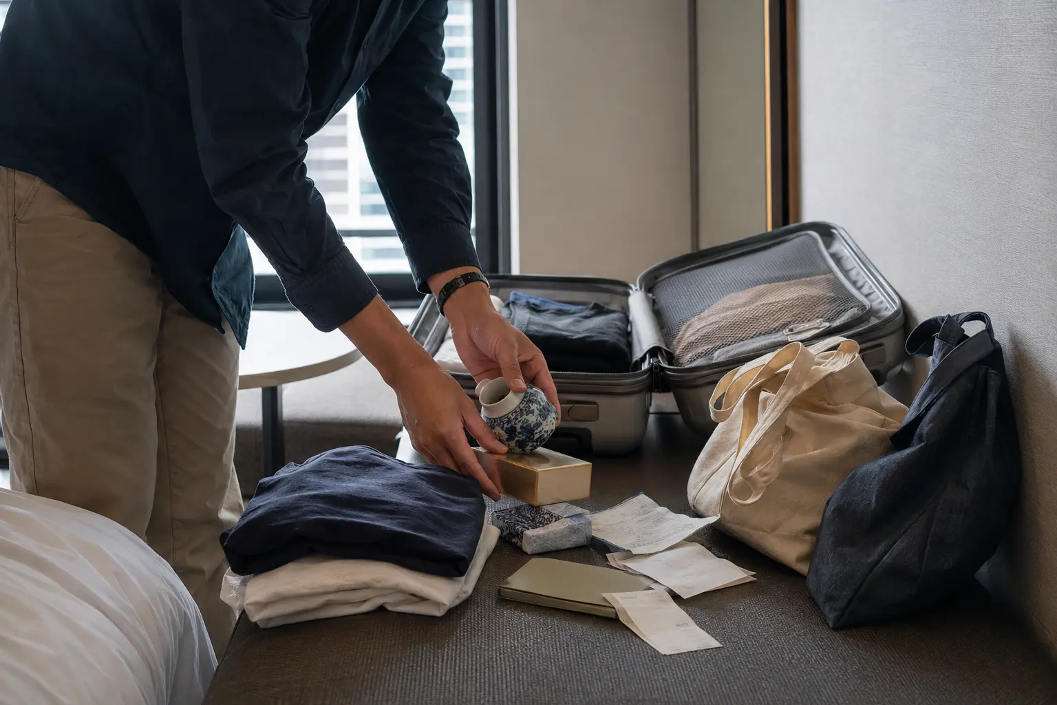 Traveler packing Tokyo clothing, ceramics and receipts into a hotel-room suitcase