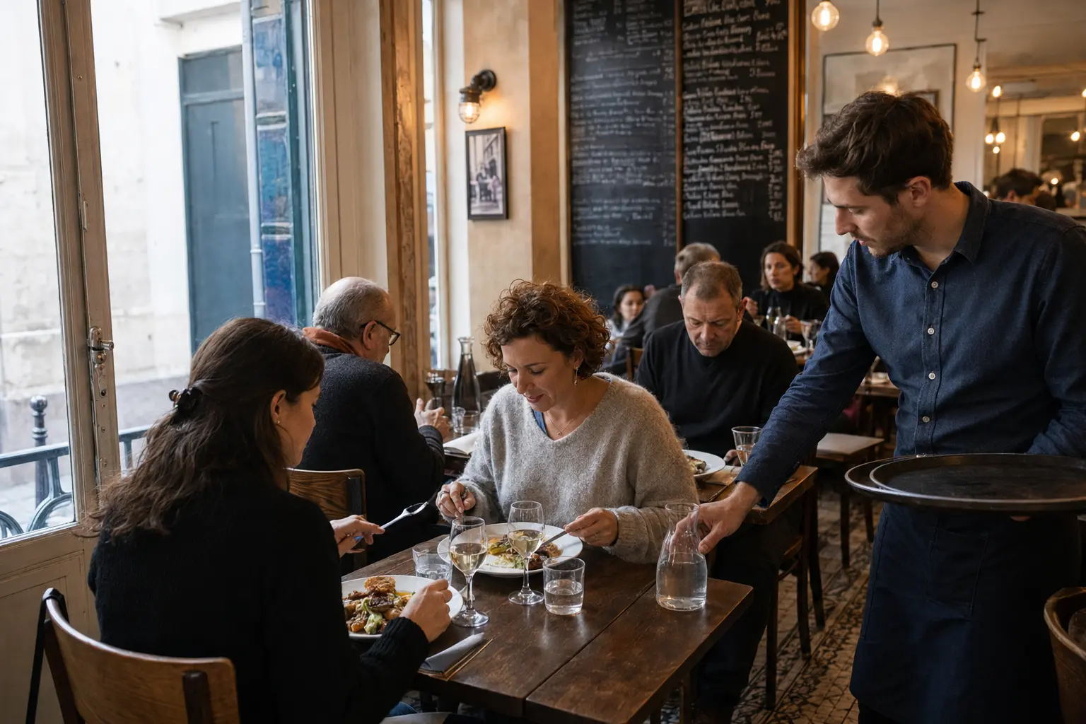 Diners eating a weekday lunch as a server brings water in a small Paris bistro