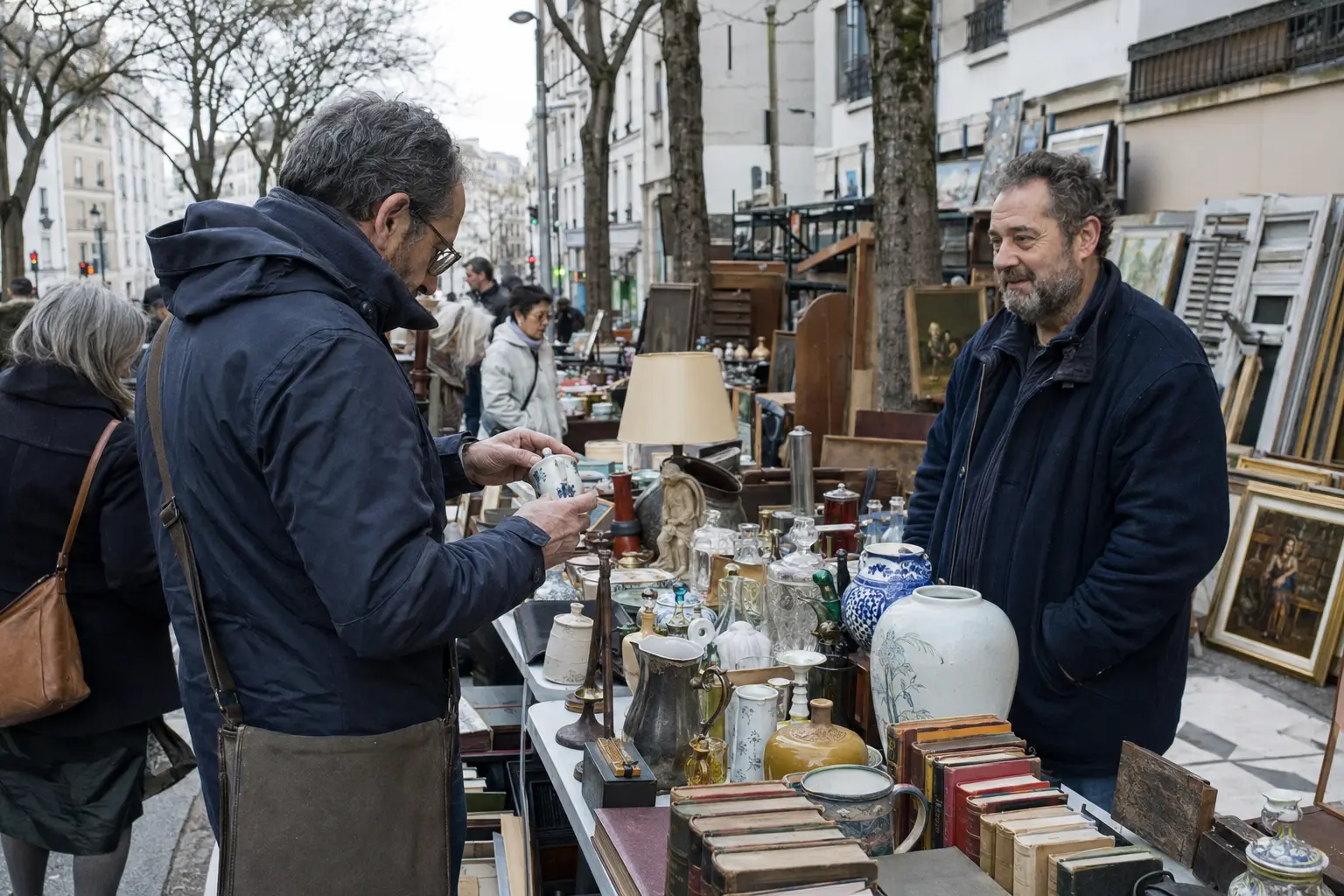 Shopper inspecting a ceramic cup at an outdoor Paris flea market