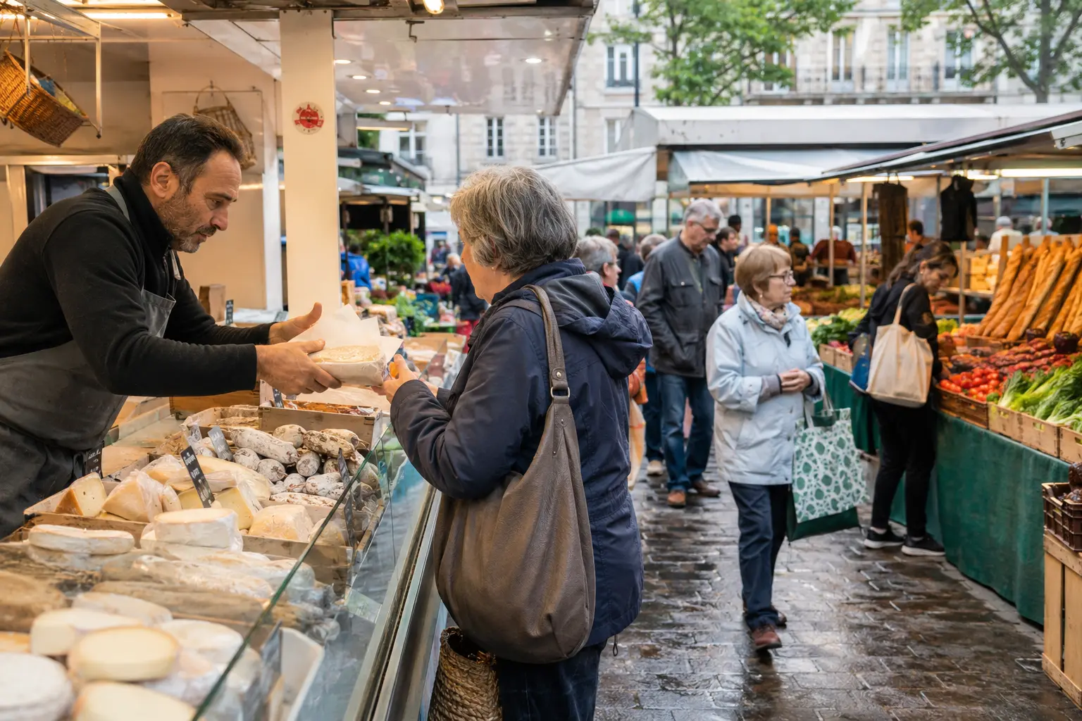 Cheese vendor wrapping an order for a shopper at a neighborhood Paris food market