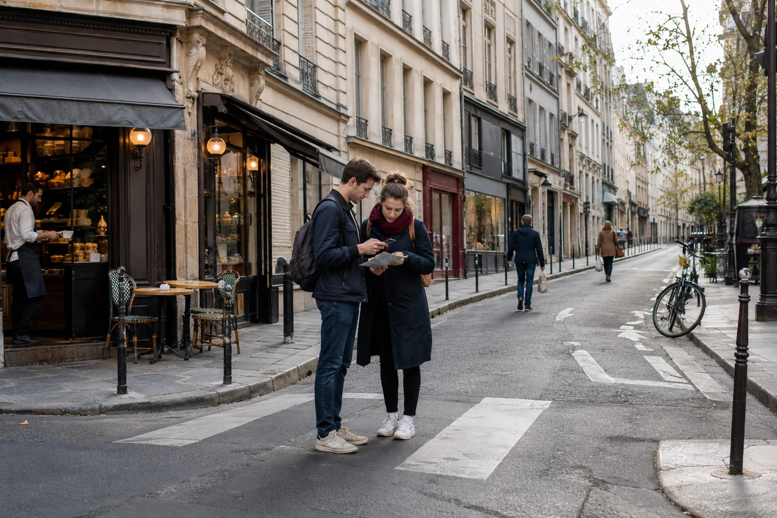 Travelers checking a map beside a bakery on a quiet Left Bank street in Paris