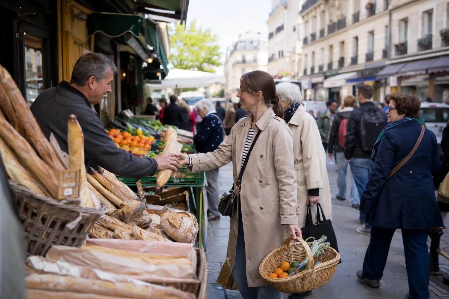 Shopper buying a baguette from a market stall on a Paris neighborhood street