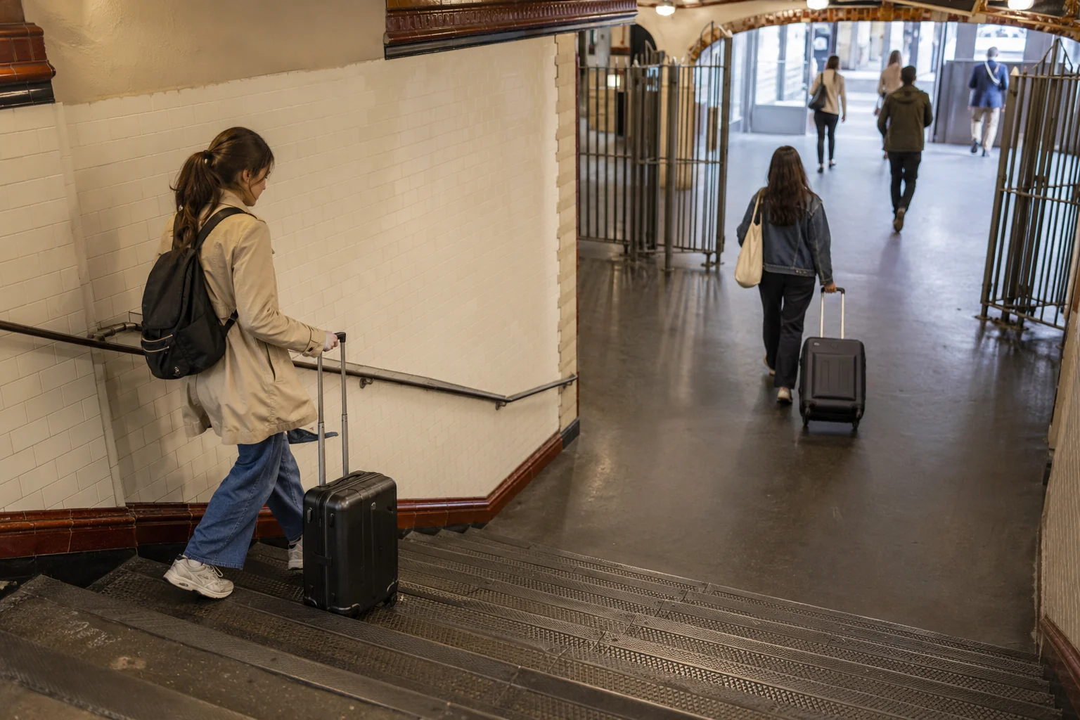 Traveler carrying a suitcase down stairs inside an older Paris Metro station